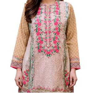 Oswah‎ Vintage Medium Embroidered Kurti Top Beige Pink Floral Pakistani M